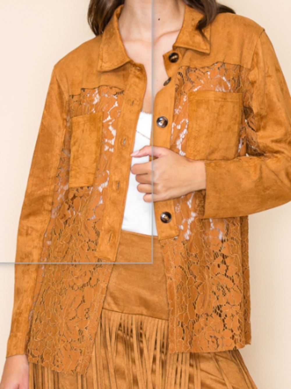 Vocal camel lace button down shirt
